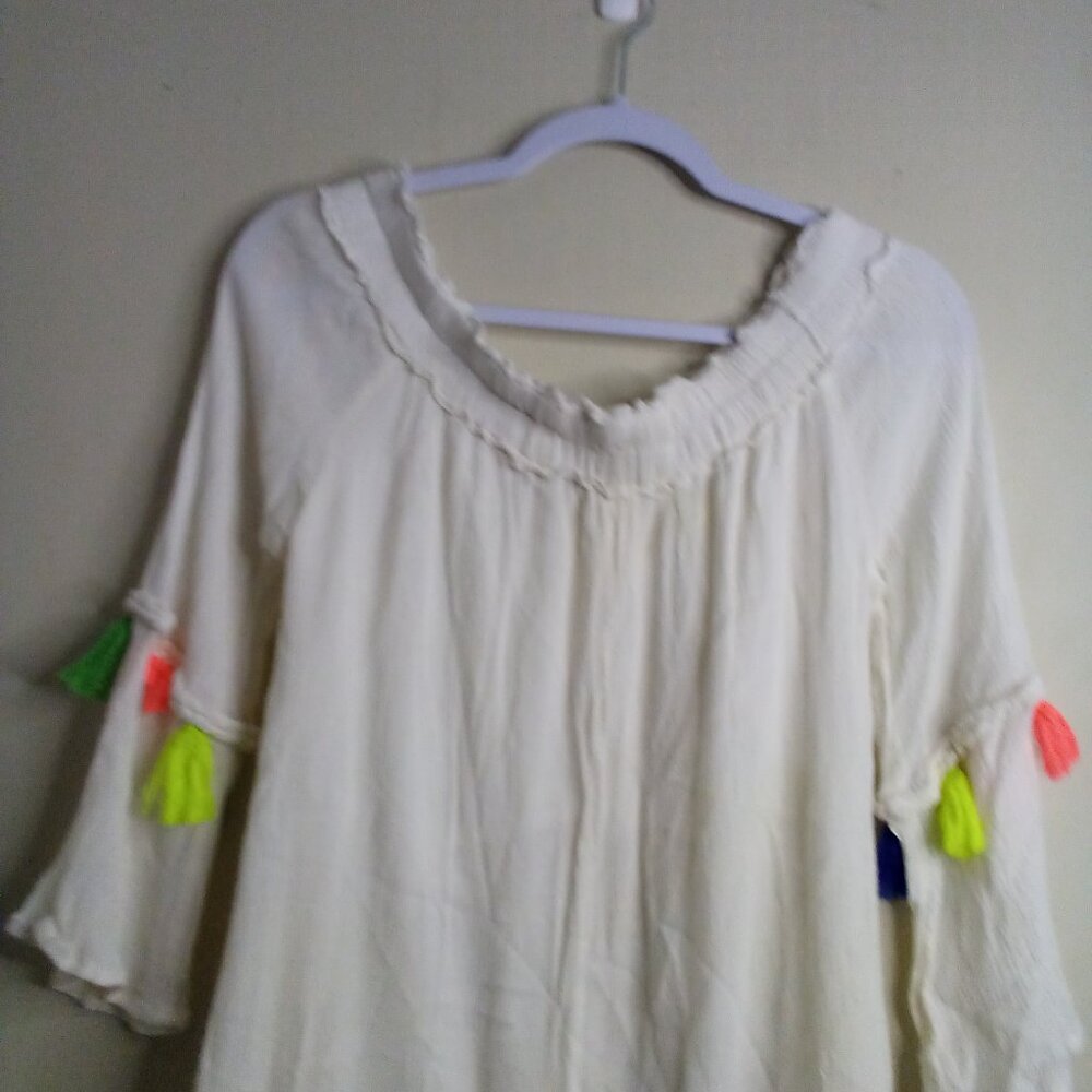 True Destiny Dress Women M Short Boho Feminine Colorful Tassels Cream - Picture 15 of 16